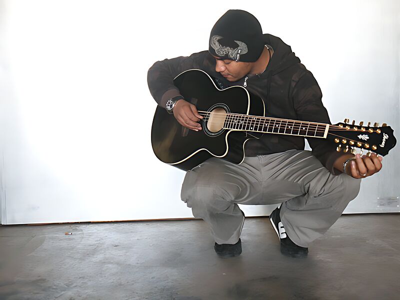 Michael Lascar kauert mit einer schwarzen Akustikgitarre vor einer weissen Wand